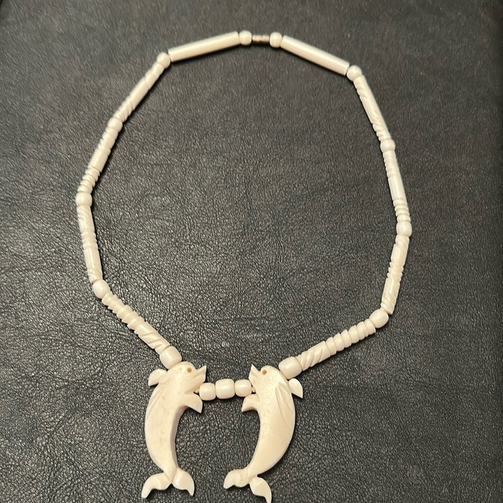 Two Dolphin Carved Bone Vintage Barrel Clasp Necklace